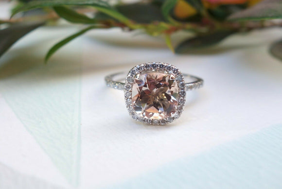 2ct Cushion Cut Peach Morganite Engagement Ring 14k White Gold Over Diamond Halo