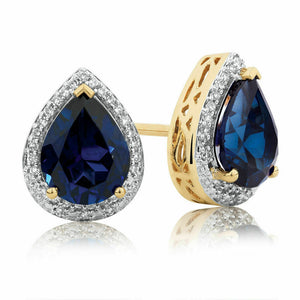 2.5ct Pear Cut Blue Sapphire Halo Stud Women Earrings 14k Yellow Gold Finish