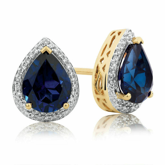 2.5ct Pear Cut Blue Sapphire Halo Stud Women Earrings 14k Yellow Gold Finish