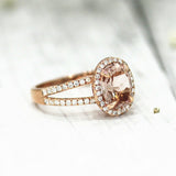 3Ct Oval Cut Peach Morganite Split Shank Halo Engagement Ring 14K Rose Gold Over