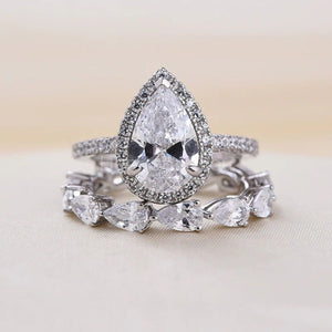 2.5ct Pear Simulated Diamond Full Eternity Halo Bridal Set 14k White Gold Plated