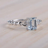 1.6ct Emerald Cut Blue Aquamarine Trilogy Solitaire Ring 14k White Gold Finish