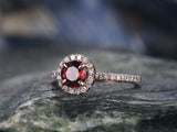 1.3Ct Round Cut Red Garnet Halo Solitaire Engagement Ring 14K Rose Gold Finish