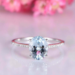 1.5ct Oval Cut Blue Aquamarine Diamond Accent Solitaire Ring 14k White Gold Over