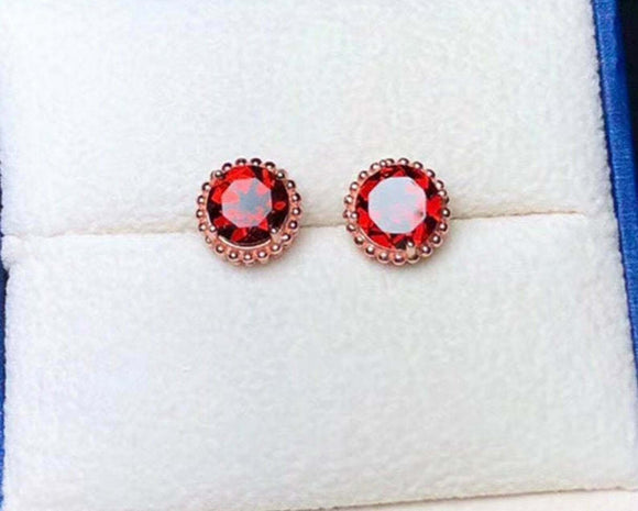 1.5ct Stud Earrings Round Cut Red Garnet Halo Beaded 14k Rose Gold Finish