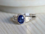 3.5ct Oval Cut Blue Sapphire Baguette Accent Halo Ring 14k White Gold Finish