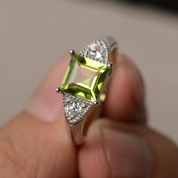 2ct Asscher Cut Green Peridot Trilogy Wedding Engagement Ring 14k WhiteGold Over