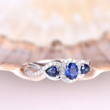 2ct Oval Cut Blue Sapphire Halo Three Stone Engagement Ring 14k WhiteGold Finish