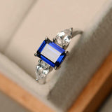 2ct Emerald Cut Blue Sapphire Pear Accents Trilogy Ring 14k White Gold Finish