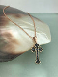 1ct Round Cut Black Diamond Pendant with Chain Christ Cross 14k Rose Gold Finish