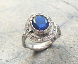 2.7ct Oval Cut Blue Sapphire Vintage Inspired Halo Ring 14k White Gold Finish