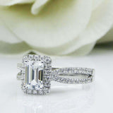 2.2ct Emerald Cut Diamond Engagement Ring Halo Split Shank 14k White Gold Finish