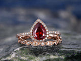 2Ct Pear Cut Red Garnet Bridal Set Vintage Band Halo Ring 14K Rose Gold Finish