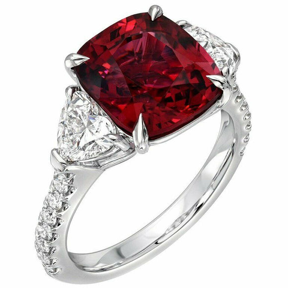 3ct Cushion Cut Red Garnet Diamond Trilogy Ring 14k White Gold Over Heart Accent