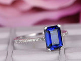 2.15ct Emerald Cut Blue Sapphire Solitaire Accents Ring 14k White Gold Finish