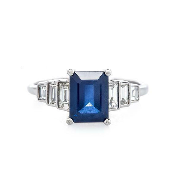 2ct Emerald Blue Sapphire Solitaire Step Baguette Accent Ring 14k WhiteGold Over