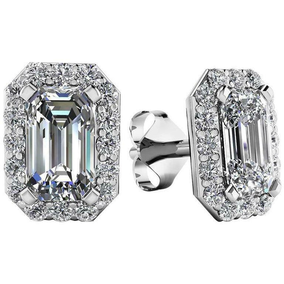 1ct Emerald Cut VVS1D Diamond Halo Solitaire Stud Earrings 14k White Gold Finish