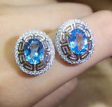 2.7ct Stud Earrings Oval Cut Blue Topaz Stylish Halo 14k White Gold Finish