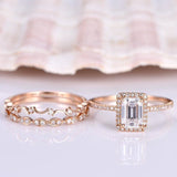 Milgrain Halo Trio Set Engagement Ring 2ct Emerald Cut Diamond 14k RoseGold Over