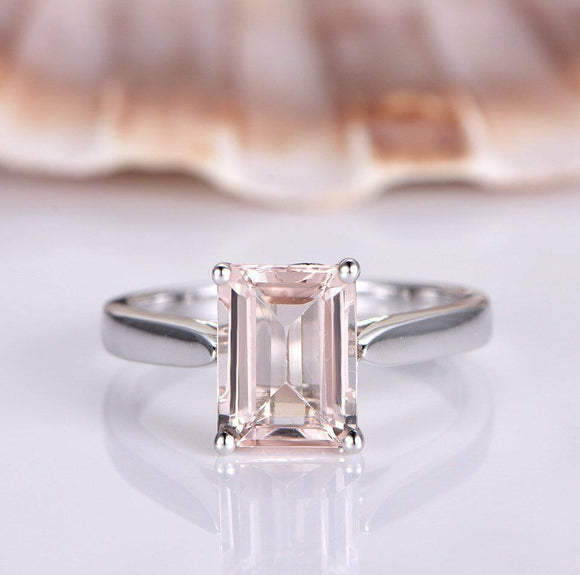 BEBOLD 1.2ct Emerald Cut Peach Morganite Solitaire Engagement Ring 14k White Gold Finish