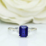 2ct Emerald Cut Blue Sapphire Engagement Ring Diamond Petite 14k White Gold Over