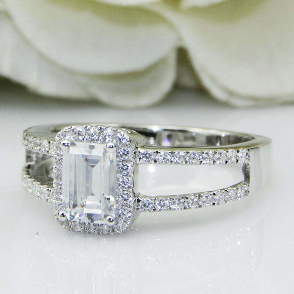 2.7ct Emerald Cut Diamond Engagement Ring Halo Split Shank 14k White Gold Finish