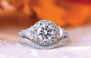 Art Deco Bridal Set Engagement Ring 2ct Round Cut Diamond 14k White Gold Finish