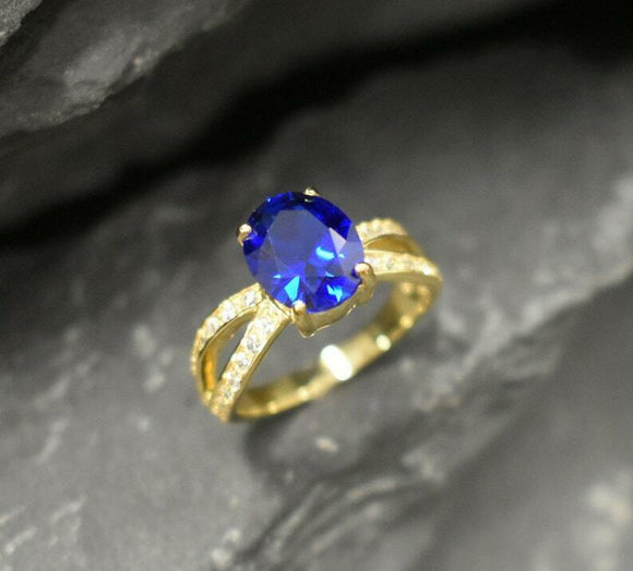 1.6ct Engagement Ring Oval Cut Blue Sapphire Split Shank 14k Yellow Gold Finish