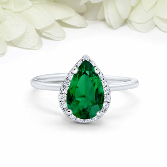 3ct Pear Cut Emerald Engagement Ring Diamond Halo Minimalist 14k White Gold Over