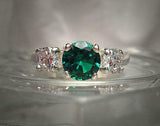 2ct Round Cut Green Emerald Diamond Trilogy Engagement Ring 14k WhiteGold Finish