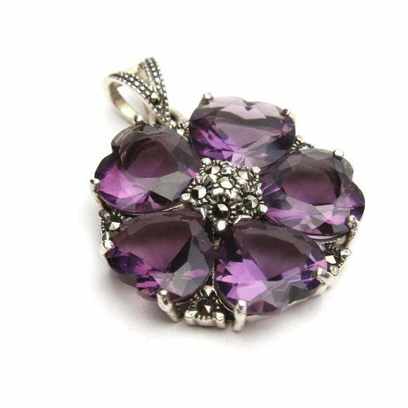 5ct Heart Cut Purple Amethyst Pendant Floral Design 14k White Gold Over NO CHAIN