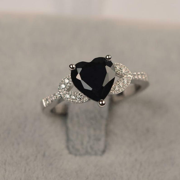 1.8ct Heart Cut Black Diamond Engagement Ring Leaf Accent 14k White Gold Finish