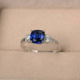 1.3ct Cushion Cut Blue Sapphire Round Accent Trilogy Ring 14k White Gold Finish