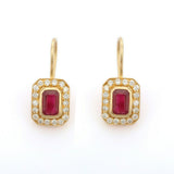 2.1ct Drop Earrings Emerald Cut Pink Ruby Diamond Halo 14k Yellow Gold Finish