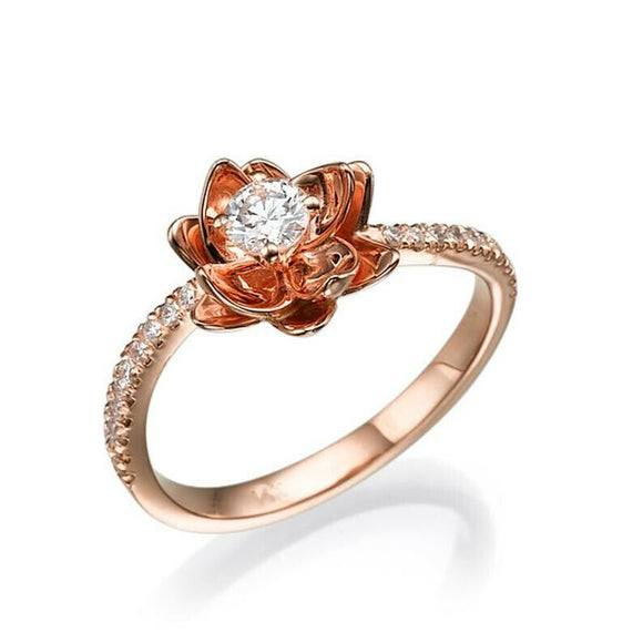 1ct Round Diamond Engagement Ring Flower Solitaire with Accent 14k RoseGold Over