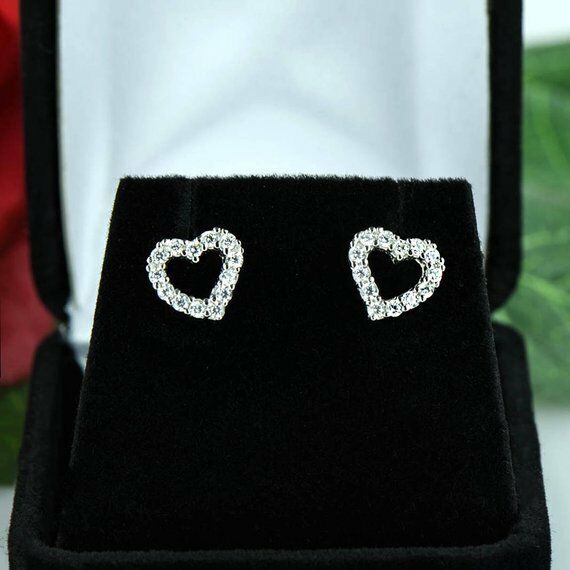 0.5ct Round Cut VVS1 D Diamond Heart Stud Earrings Women 14k White Gold Finish