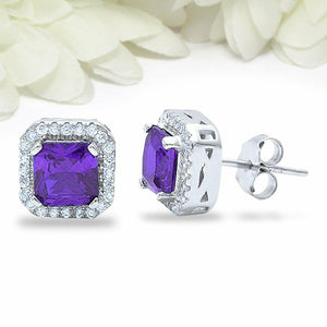 4Ct Cushion Cut Purple Amethyst Diamond Halo Stud Earrings 14K White Gold Finish