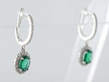 1.2ct Oval Cut Green Emerald Diamond Halo Dangle Earrings 14k White Gold Finish