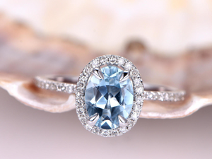 2.4ct Oval Cut Blue Aquamarine Halo Ring 14k White Gold Finish with Round Accent