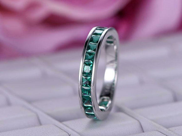 2ct Princess Green Emerald Wedding Band 3/4th Full Eternity 14k White Gold Over