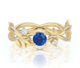 1ct Round Cut Blue Sapphire Leaf Solitaire Engagement Ring 14k YellowGold Finish