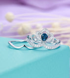 2ct Pear Cut Blue Sapphire Princess Crown Engagement Ring 14k White Gold Finish