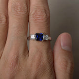 1.5ct Princess Cut Blue Sapphire Engagement Ring 14k White Gold Finish Trilogy