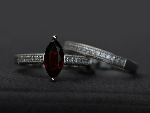 3Ct Marquise Cut Red Garnet Diamond Bridal Set Ring Band 14K White Gold Finish