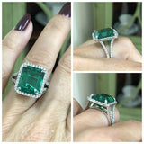 4ct Green Emerald Engagement Ring Diamond Halo Split Shank 14k White Gold Finish