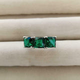 2.6ct Engagement Ring Cushion Cut Green Emerald Three Stone 14k WhiteGold Finish