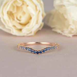 1ct Round Cut Blue Sapphire Wedding Band Curved Half Eternity 14k Rose Gold Over