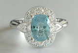 3ct Cushion Pear Cut Blue Aquamarine Engagement Ring Halo 14k White Gold Finish