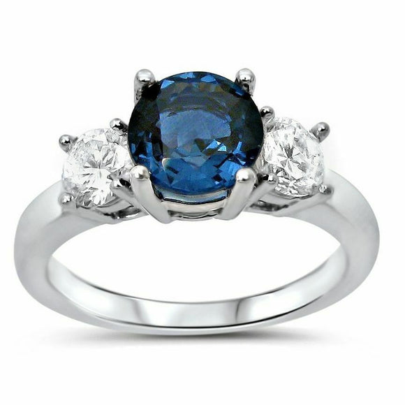 2.5Ct Round Cut Blue Sapphire Three Stone Engagement Ring 14K White Gold Finish