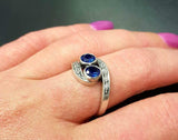 2ct Engagement Ring Round Cut Blue Sapphire Two Stone Swirl 14k WhiteGold Finish